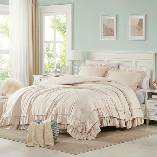 Cupocupa Beige Queen Comforter Set, 3Pcs Comforters Ruffle Farmhouse Bedding Sets Queen with Comforter, Lightweight Soft Shabby Chic Bedding Comforter Set Fluffy for All Season Cupocupa