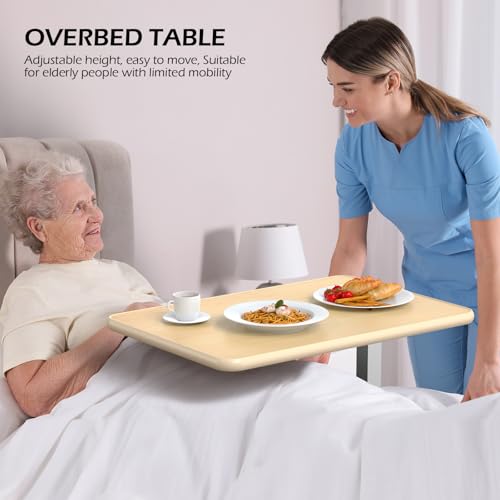 WOTURE Adjustable Overbed Table with Wheels, Bedside Rolling Table, Pneumatic Height Adjustment, Hospital Bed Table on Wheels, Standing Desk, Bedridden & Mobility Needs, Maple WOTURE