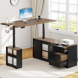 63" Farmhouse Electric Standing Desk Adjustable Height Sit Stand Corner Stand Desks, L Shaped Standing Computer Desk with Power Outlets & Storage Drawers & Sliding Door for Home Office, Black St.Mandyu