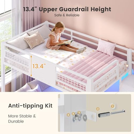 BTHFST Bunk Bed Twin Over Twin with Stairs, LED Lights Twin Bunk Bed with 2 Storage Drawers & 6 Fabric Drawers, Metal Twin Loft Beds with Guardrail & Stairs, Space Saving, Sturdy Frame for Teens BTHFST