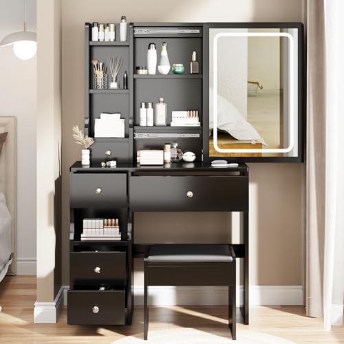 Elevon Small Makeup Vanity Desk with Sliding Mirror LED 3 Lighting Adjustable, Vanity Table Set with 5 Storage Drawer & Chair & Shelves Bedroom Furniture, Black