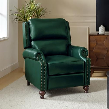 HULALA HOME Genuine Leather Wingback Recliner Chair with Thick Cushioned Seat, Traditional Push Back Leather Recliner with Nailhead Trim, Green HULALA HOME