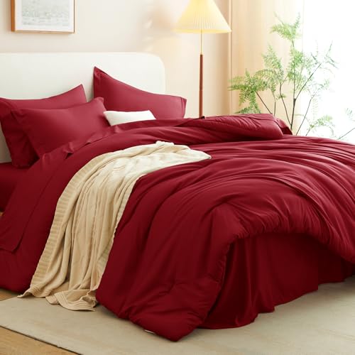 CozyLux King Size Comforter Set Dark Red, 7 Pieces Bed in a Bag King Comforter Set with Sheets, Bedding Set with Down Alternative Comforter, Fitted Sheets, Flat Sheets, Pillow Shams and Pillowcases