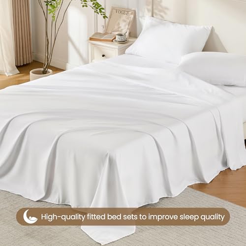 ROSE&RISY White King Sheet Set, 4 Pieces Soft Bedding King Sheet Set, Breathable and Cooling,Includes 1 x Fitted, 1 x Flat, 2 x Pillow Cases - Deep Pocket (White, King) ROSE&RISY