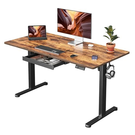 FEZIBO Electric Standing Desk with Drawers, 55 x 28 Inch Height Adjustable Desk with 3 Memory Presets, Sit Stand Up Desks for Home Office, Rustic Brown FEZIBO