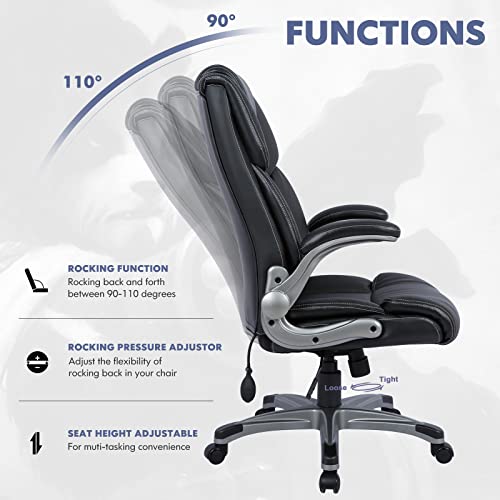 COLAMY High Back Executive Office Chair- Ergonomic Home Computer Desk Leather Chair with Padded Flip-up Arms, Adjustable Tilt Lock, Swivel Rolling Chair for Adult Working Study-Black COLAMY