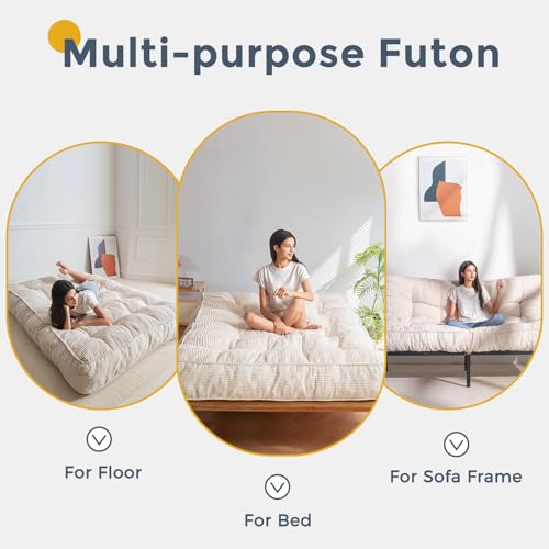MAXYOYO 8" Futon Mattress Full Size, Ultra Thick Futons Sofa Couch Bed Tufted Sleeper Sofa Bed, Floor Mattress for Adults, Shredded Foam Filling (Frame Not Included), Beige MAXYOYO