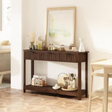 RUSTOWN Fluted Wood Console Table with 3 Drawers, Boho Narrow Behind Couch Entryway Table with Open Storage Shelf, Modern Sofa Table for Living Room, Foyer and Hallway (Dark Walnut) RUSTOWN