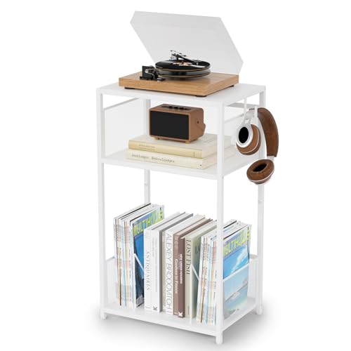 Aduanbang 3 Tier End Table,Record Player Stand with Storage Up to 100 Albums,Turntable Stand for Vinyl,White Records Shelf for Living Room Bedroom Aduanbang