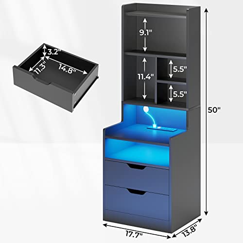 BTHFST Tall Black LED Bedside Nightstand with Charging Station, Shelves, and Drawers - WoodArtSupply