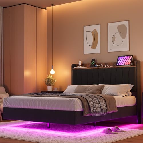 IDEALHOUSE Queen Floating Bed Frame with LED Lights & Charging Station, Upholstered Platform Bed with Storage Headboard, Wood Slats Support, No Box Spring Needed, Easy to Assemble, Black IDEALHOUSE