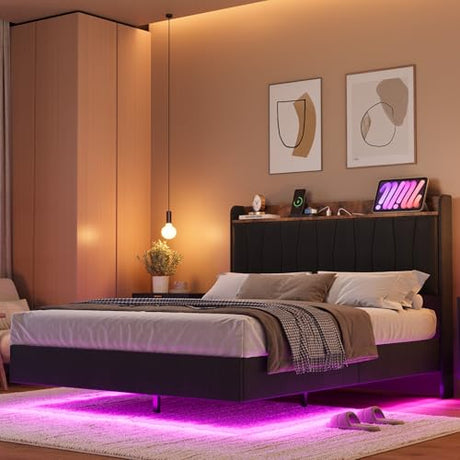 IDEALHOUSE Queen Floating Bed Frame with LED Lights & Charging Station, Upholstered Platform Bed with Storage Headboard, Wood Slats Support, No Box Spring Needed, Easy to Assemble, Black IDEALHOUSE