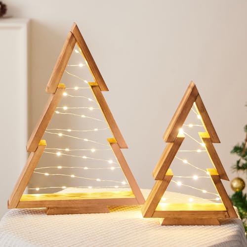 Mokof 2 Pack Wooden Tabletop Christmas Trees with Lights, Modern Christmas Decorations Indoor, Farmhouse Christmas Decor Small Tree for Table Top, Mantle, Shelf (Large-14.2 in, Small-10.2 in)