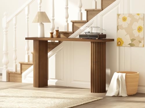 Fluted Solid Wood Console Table - 55 Inches Mid Century Modern Foyer Table, Entryway Hallway Minimalist Sofa Table, Half Round Legs HOKYHOKY