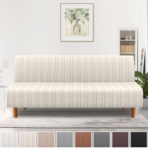H.VERSAILTEX Stretch Futon Slipcover Armless Sofa Cover Furniture Protector Without Armrests Slipcover Soft with Elastic Bottom for Kids, Spandex Jacquard Modern Stripe Design, Ivory H.VERSAILTEX