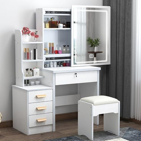 MONGMON Vanity Desk with Mirror and Lights, 3 Lighting Modes, European Style Dressing Table with Drawers, with Open Storage Shelves,Makeup Vanity Table for Bedroom,Gifts for Girls and Women, White MONGMON