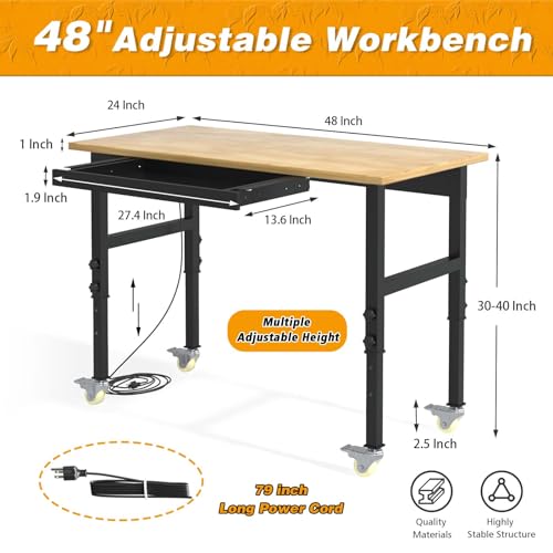 48" Adjustable Workbench, 2000 LBS Load Capacity Heavy Duty Table, Hard Wood Work Bench with Power Outlets, Wheels and Drawer for Garage, Workshop, Home, Office, Easy to Assemble - WoodArtSupply