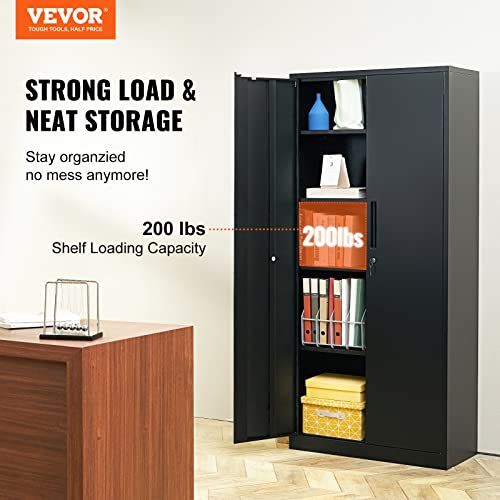 VEVOR Steel Locking Storage 2 Magnetic Doors and 4 Adjustable Shelves, 71'' Metal Cabinet 200 lbs Capacity per Shelf with 3 Keys, for Office, Home, Garage, Black - WoodArtSupply