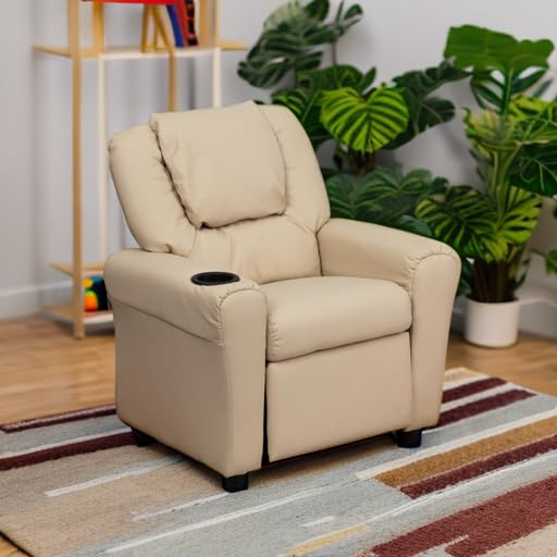 Flash Furniture Vana Vinyl Kids Recliner with Cup Holder, Headrest, and Safety Recline, Contemporary Reclining Chair for Kids, Supports up to 90 lbs., Beige Flash Furniture