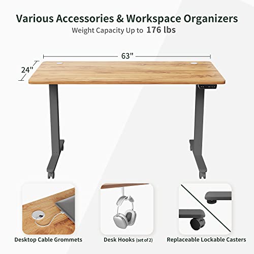 FEZIBO Electric Standing Desk, 63 x 24 Inches Height Adjustable Table, Ergonomic Home Office Furniture with Splice Board, Grey Frame/Light Rustic Brown Tabletop - WoodArtSupply