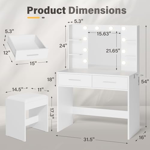 YESHOMY Vanity Desk with Mirror, Makeup Table with 2 Large Drawers, Power Outlet and Round Holder, 3 Color Modes Adjustable Bulb, Bench Included, Easy Assembly, Gloss White YESHOMY