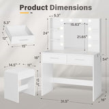 YESHOMY Vanity Desk with Mirror, Makeup Table with 2 Large Drawers, Power Outlet and Round Holder, 3 Color Modes Adjustable Bulb, Bench Included, Easy Assembly, Gloss White YESHOMY