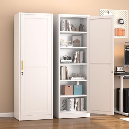 pozdeg 67" Metal Storage Cabinet with Lock, Tall Narrow Office File Cabinets with 5 Adjustable Shelves, Metal Steel Locker for Home, School, Office, Garage or Gym (White) pozdeg