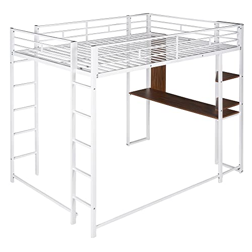 Bellemave Full Size Metal Loft Bed with Desk and Storage Shelves,Heavy Duty Loft Bed Frame with Safety Guardrail for Kids Teens Adults,Space Saving,White Bellemave