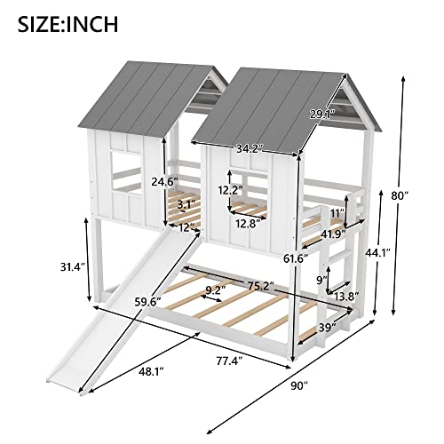 Merax Twin-Over-Twin Wooden House Bunk Bed with Slide, Windows, Ladder and Guardrails, Twin Size White House Bunk Bed Merax