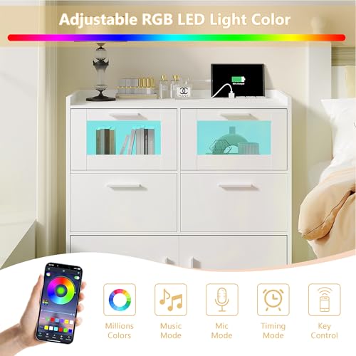 VECELO Dresser for Bedroom with Charge Station and Lights, Chest of 4 Drawers Closet with Raised Edge and Bottom Storage Cabinet, Wooden Organizer for Hallway Living Room, White VECELO