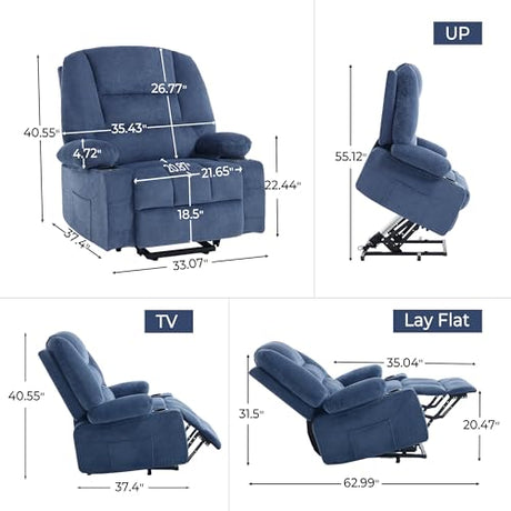 KCQ Overstuffed Electric Recliner Chairs for Adults with Cup Holder and USB Port, Fabric Power Lift Recliner Chair with Heat and Massage for Elderly Seniors, Blue KCQ