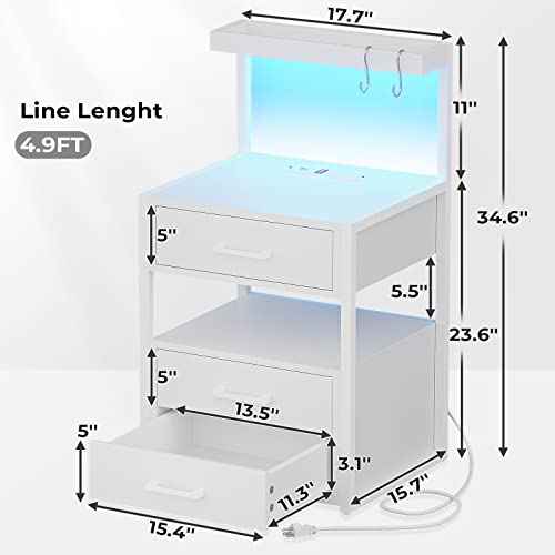 Nightstand with Charging Station and LED Lights, LED Night Stand with 2 USB Ports and 2 AC Outlets, Modern End Table with 3 Drawers, Bedside Table with Open Storage for Bedroom, White - WoodArtSupply