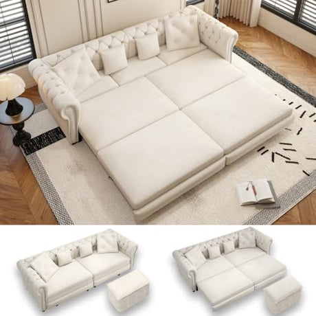 LuxyHoom 89" King Pull Out Sofa Bed, Velvet Chesterfield Sleeper Sofa Couch, 3 in 1 Convertible Tufted Futon Couches with Ottoman for Living Room, Small Space, Apartment, Bedroom, Office, Beige LuxyHoom