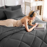 CozyLux Queen Comforter Set Dark Grey - Bed in a Bag Queen Size 7 Pieces, Luxury Soft Bed Set for All Seasons, Bedding Set with Comforter, Sheets, Pillowcases & Shams, Dark Gray, Queen CozyLux