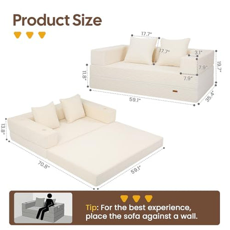 COMAX Futon Sofa Bed, 4‑in‑1 Convertible Sofa Bed, Folding Boneless Couches for Living Room, Fold Out Small Foldable Loveseat Floor Sleeper Comfy Mattress Lounge Space‑Saving, Beige COMAX