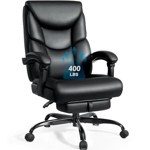 WAILOR 400lbs Office Chair with Foot Rest, Reclining Big and Tall Office Chair with Lumbar Support Spring Cushion, High Back PU Leather Computer Chair,Comfy Desk Chair for Home Office WAILOR