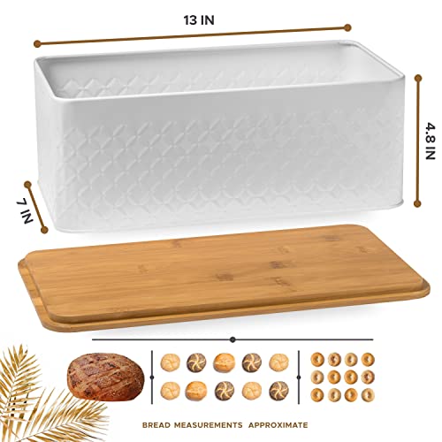 White Bread Box For Kitchen Countertop With Bamboo Wood Cutting Board Lid - Farmhouse White Metal Large Bread Box Modern Style To Extend Freshness - Bread Storage Container