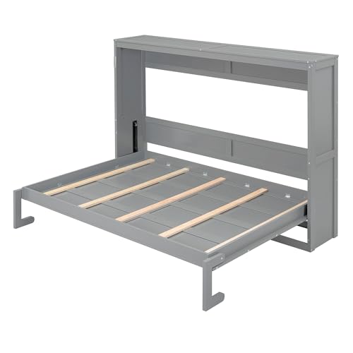 Merax Modern Murphy Cabinet Bed, Solid Wood Wall Platform Bed/No Box Spring Needed/Easy Assemble/Full,Gray Merax