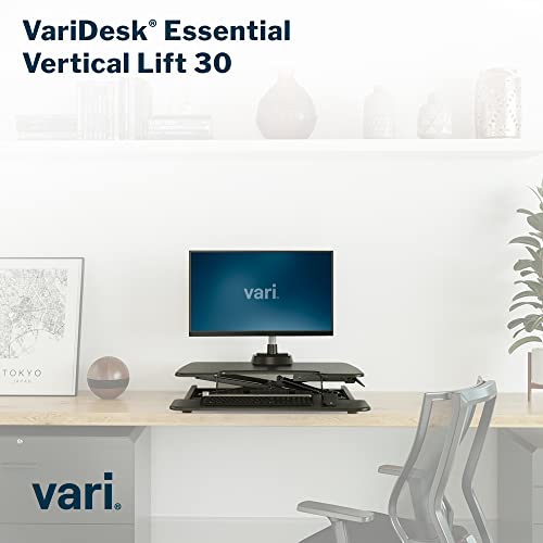 Vari VariDesk Essential Vertical Lift 30 Inch Standing Desk Converter - Compact Home Office Workstation for Laptop or Monitor + Keyboard Tray - Delivers Fully Assembled (Black) Vari
