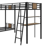 L-Shaped Metal Triple Bed with Desk and Shelf, Twin Over Twin Bunk Bed Frame with Loft Bed and 2 Ladders (Black+Brown) Bellemave