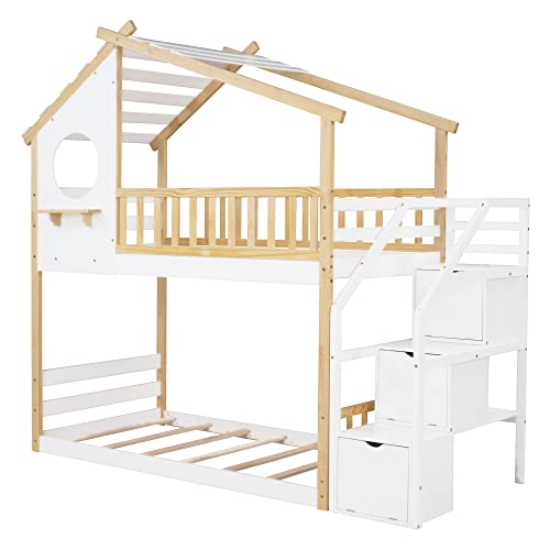 Harper & Bright Designs Twin Over Twin Bunk Bed with Stairs, Stairway House Bunk Bed Frame with Storage and Guard Rail for Kids Girls Boys (Natural and White) Harper & Bright Designs
