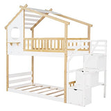 Harper & Bright Designs Twin Over Twin Bunk Bed with Stairs, Stairway House Bunk Bed Frame with Storage and Guard Rail for Kids Girls Boys (Natural and White) Harper & Bright Designs