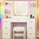 ANWBROAD Makeup Vanity Desk with Mirror and Lights 3 Colors Large Vanity Table with 7 Drawers & RGB Lights White Makeup Table with Charging Station 6 Storage Shelves Stool for Bedroom Women UBDT96W ANWBROAD