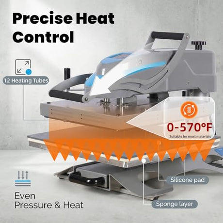 Eonvest 16x24 Manual 90° Swing Away Heat Press Machine with Slide Out Base, 2kw, High Pressure, Designed for Industrial, Small Business, or Home Use. (Grey and Blue, 16x24 Manual) Eonvest