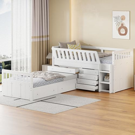 Ball & Cast L-Shaped Space-Saving Twin Low Loft with Platform Bed,Bunk Bedframe W/Full Safty Guardrails & 7 Drawers,Sturdy Construction,Easy Assembly,Functional Bedroom Set for Boy Girl Keens,White Ball & Cast