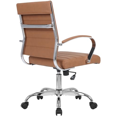 LANDSUN Home Office Chair Mid Back Desk Chair PU Leather Ribbed Executive Swivel Computer Chair with Wheels and Armrests Soft Padded Adjustable Height Conference Task Brown LANDSUN