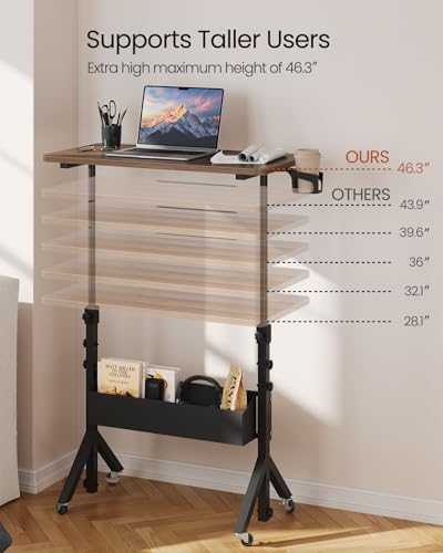 ErGear Mobile Standing Desk with Wheels, Adjustable Height 28.3″ to 46.3″, Rolling Laptop Cart with Cup Holder, Storage Basket, Computer & Pen Slot, Home Office Stand Up Desk, Walnut (31.5″ x 15.75″) ErGear