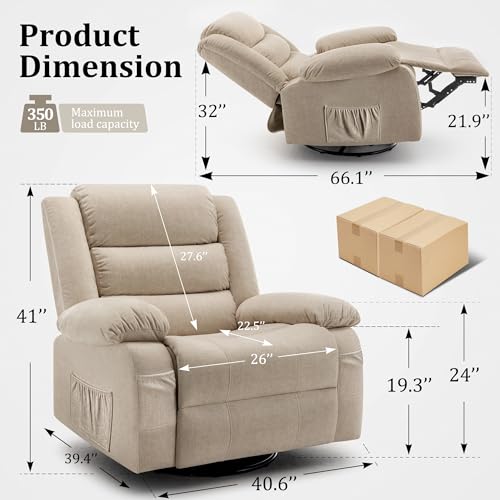 Korser Recliner Chair, Wide Rocker Chair, Rocking Chair with Massage and Heat,360°Swivel Nursery Rocking Chairs, Oversized Recliner for Adults, Cashmere Reclining Sofa for Living Room, Khaki