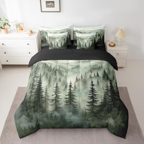 Erosebridal Smoky Mountain Bedding Set Full Nature Forest Green Comforter Set 7 Piece Rustic Woodland Botanical Pine Tree Bed in A Bag for Kids Adults Natural Jungle Plants Sheet Set with Comforter Erosebridal