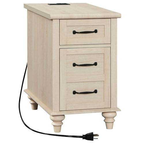 WAMPAT Beige End Table with Charging Station, Wooden Side Table with Storage Cabinet & Drawer, Elegant Nightstand with Power Outlets & USB Ports for Bedroom, Living Room WAMPAT